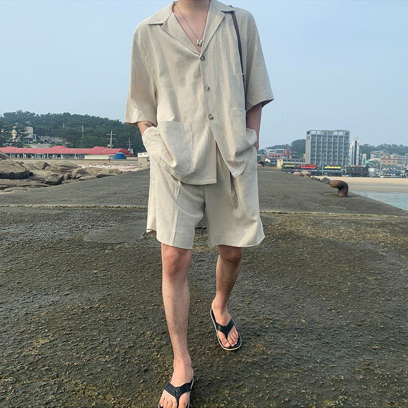 2025 Trendy Men's Linen Short Sleeve Shirt Set