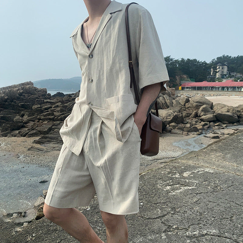 2025 Trendy Men's Linen Short Sleeve Shirt Set