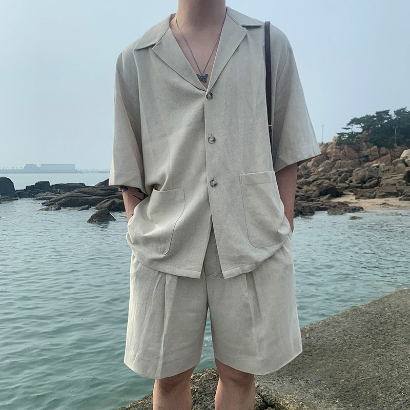 2025 Trendy Men's Linen Short Sleeve Shirt Set