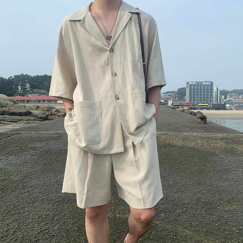 2025 Trendy Men's Linen Short Sleeve Shirt Set