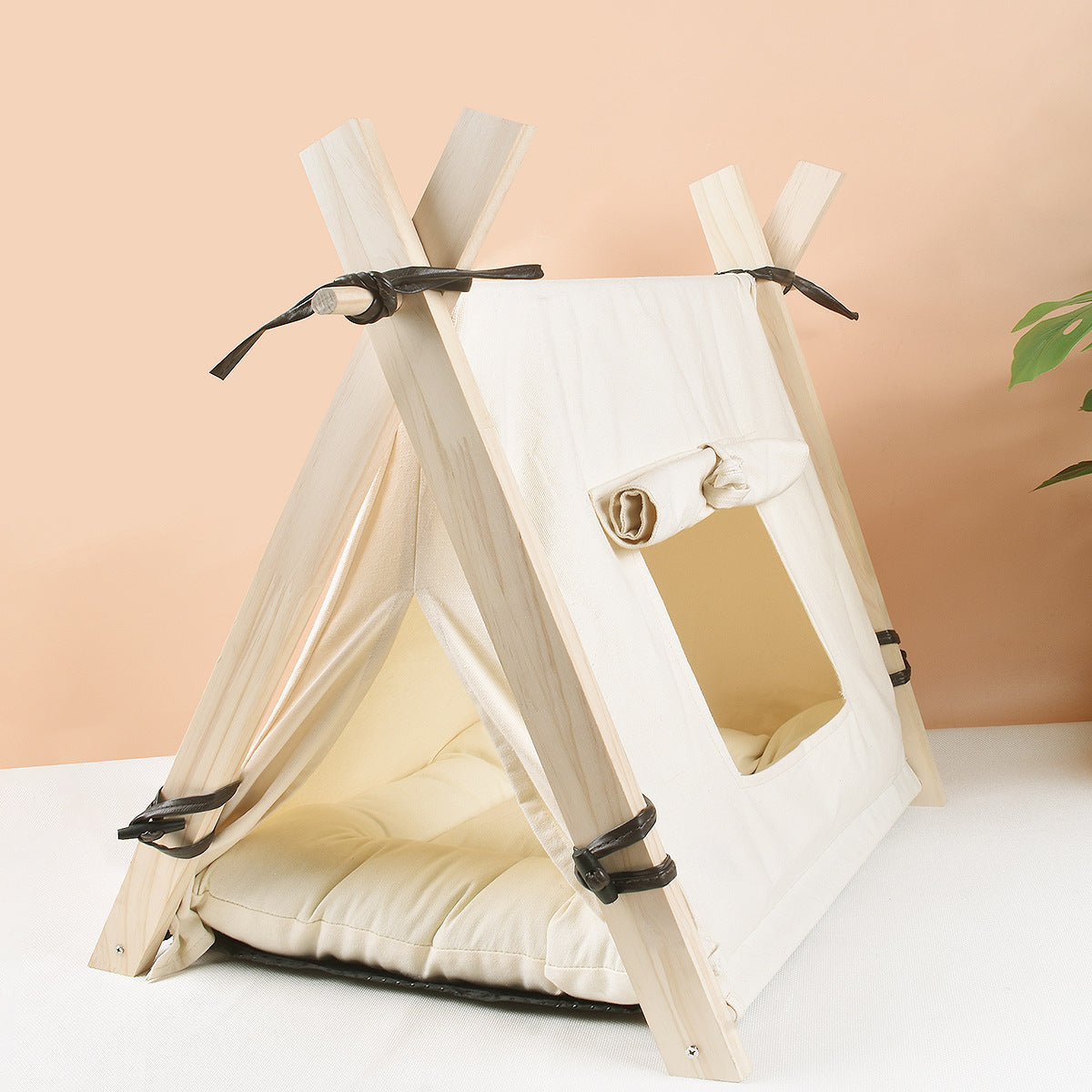 Solid wood tent kennel for DOG w/ detachable and washable bed